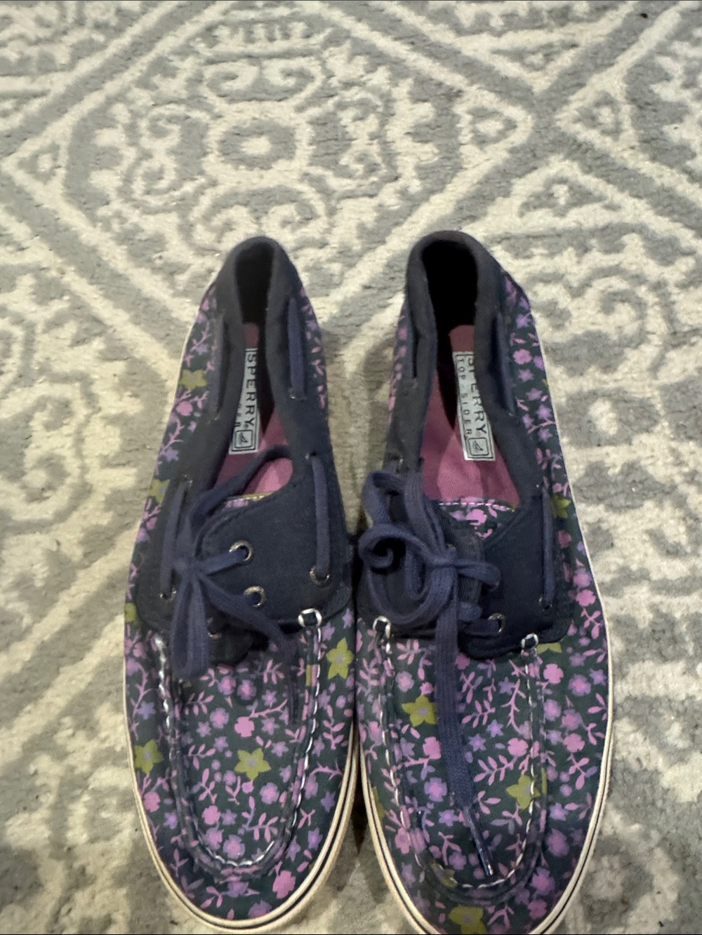 Sperry Navy Floral Lace-Up Moccasins with Pink & Olive Accents